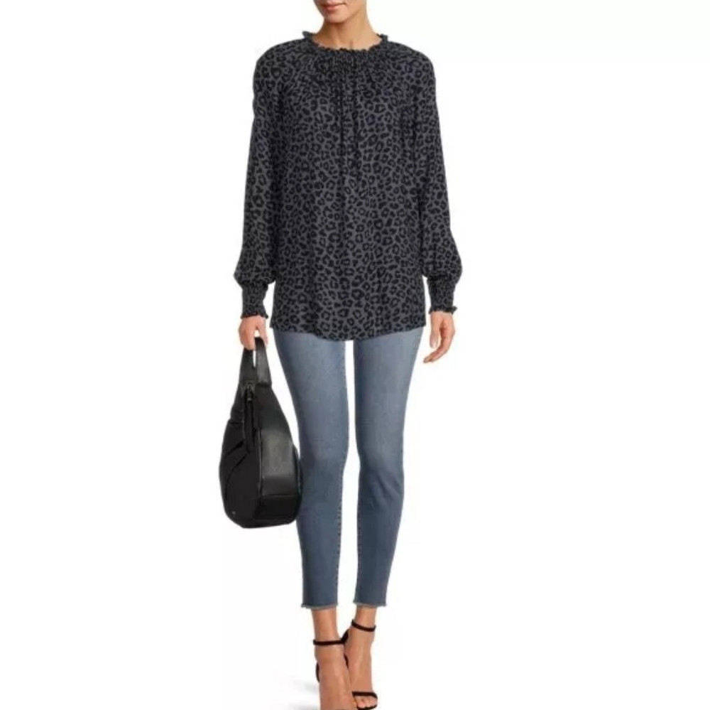 Time and Tru Blouse Women M Slate Gray Leo Long Sleeve Elastic Collar Boho
